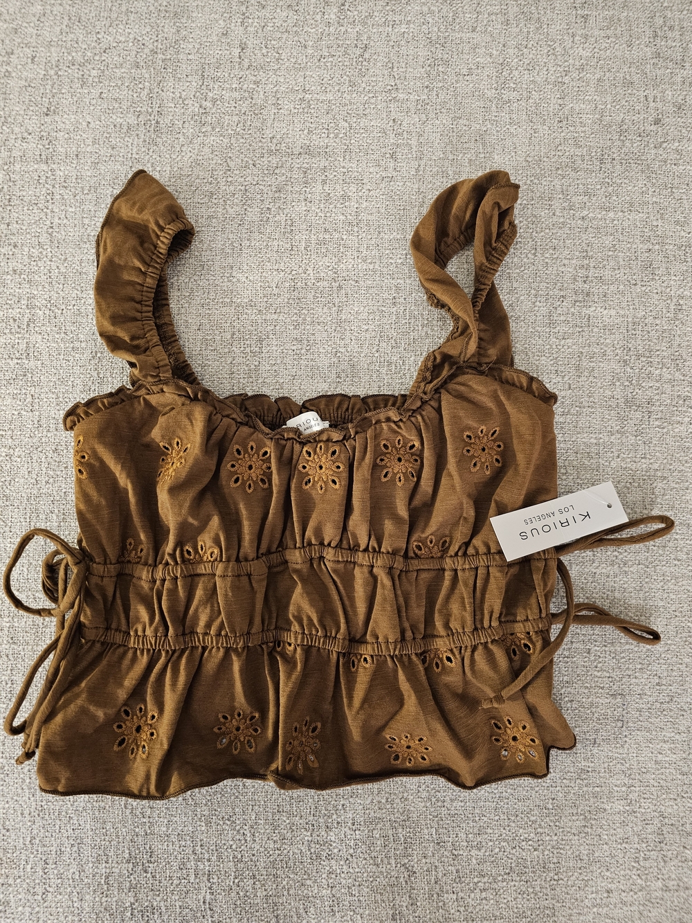 iris Brown Eyelet Ruffle-Strap Cropped Camisole